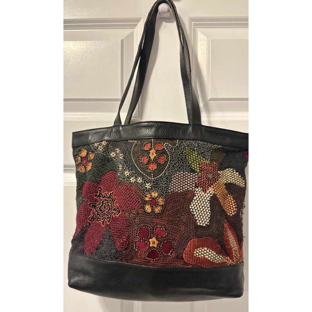 Chicos Vintage Leather Floral Beaded Tote Bag Black Embroidered Purse